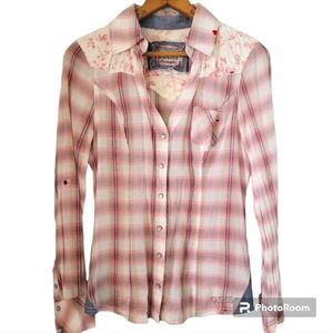 Guess Western Plaid Button-down Shirt pink with floral size small